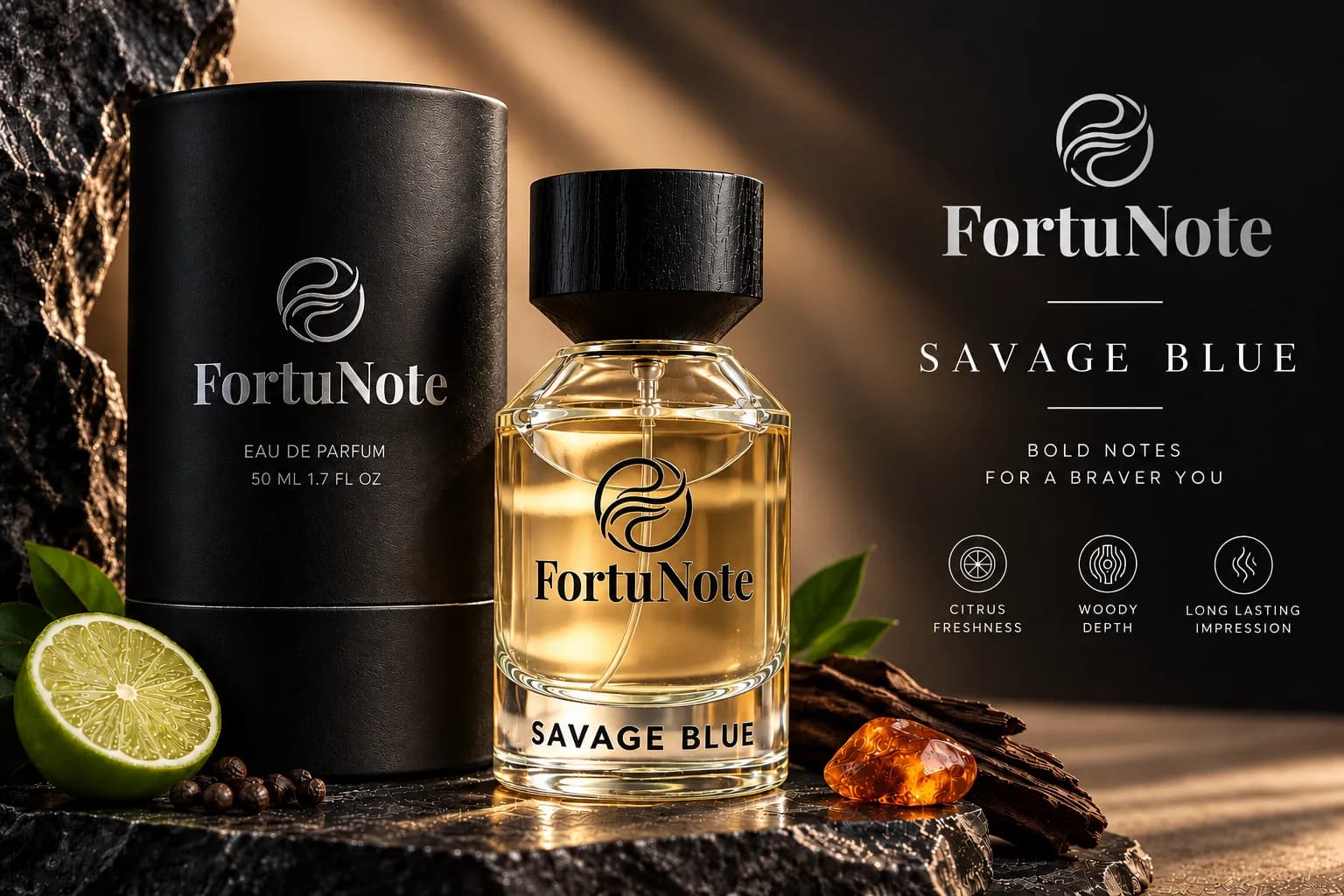 Fortunote Savage Blue — matte black bottle with silver foil branding, dramatic lighting