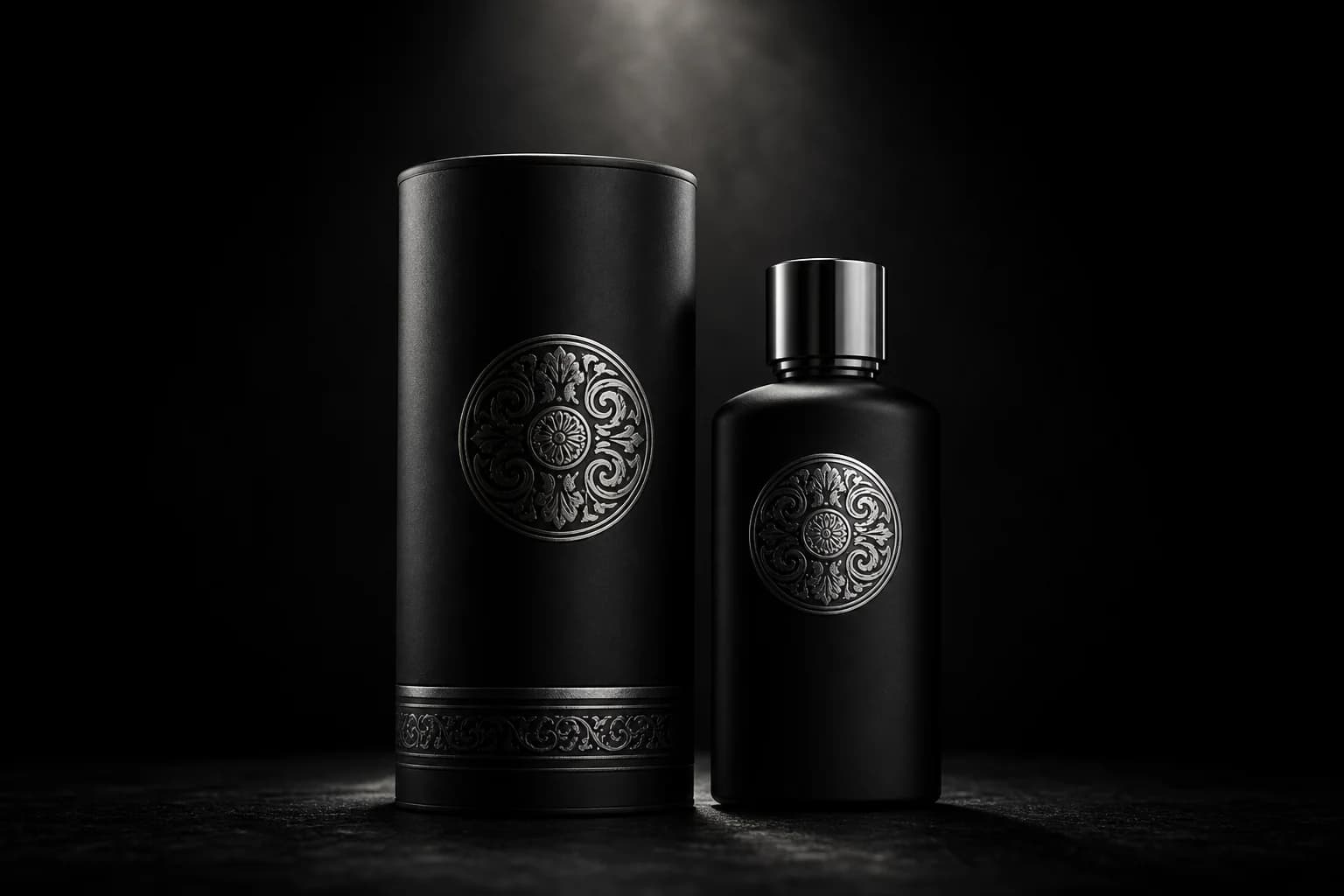 Fortunote packaging teaser — matte black box and bottle, partially lit