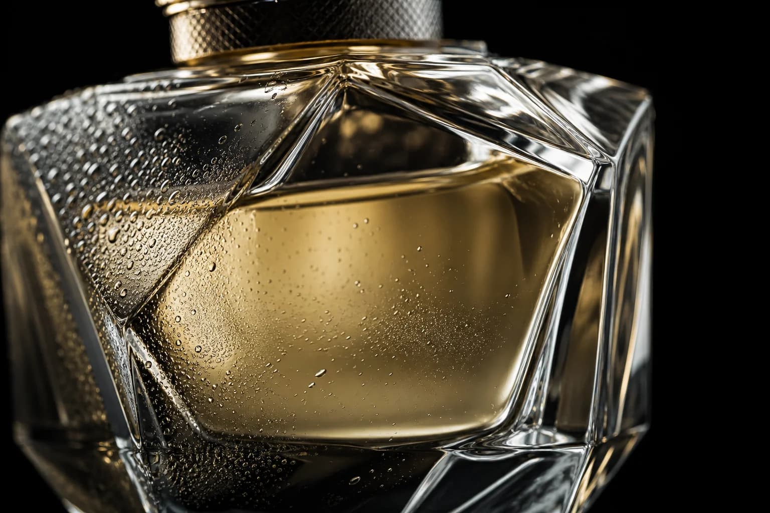 Close-up of fragrance liquid catching light inside a faceted glass bottle
